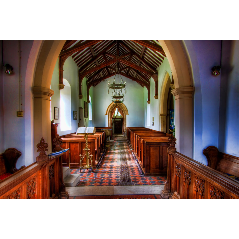 the font is partially visible at the far [west] end, left [south] side -- Source caption: "View to nave and west tower arch, I have saturated the colours here from the original"