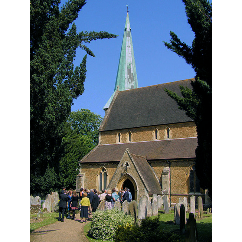 Source caption: "St Mary's Church, Shalford. St Mary's church was built in 1846 but still retains features and monuments from an earlier church on this site. The photo was taken as guests arrived at church for the christening service of little Evie Blick."