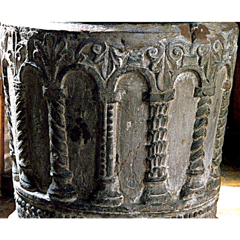 the capitals and bases are rather plain, but the stem of each column has a different complex pattern