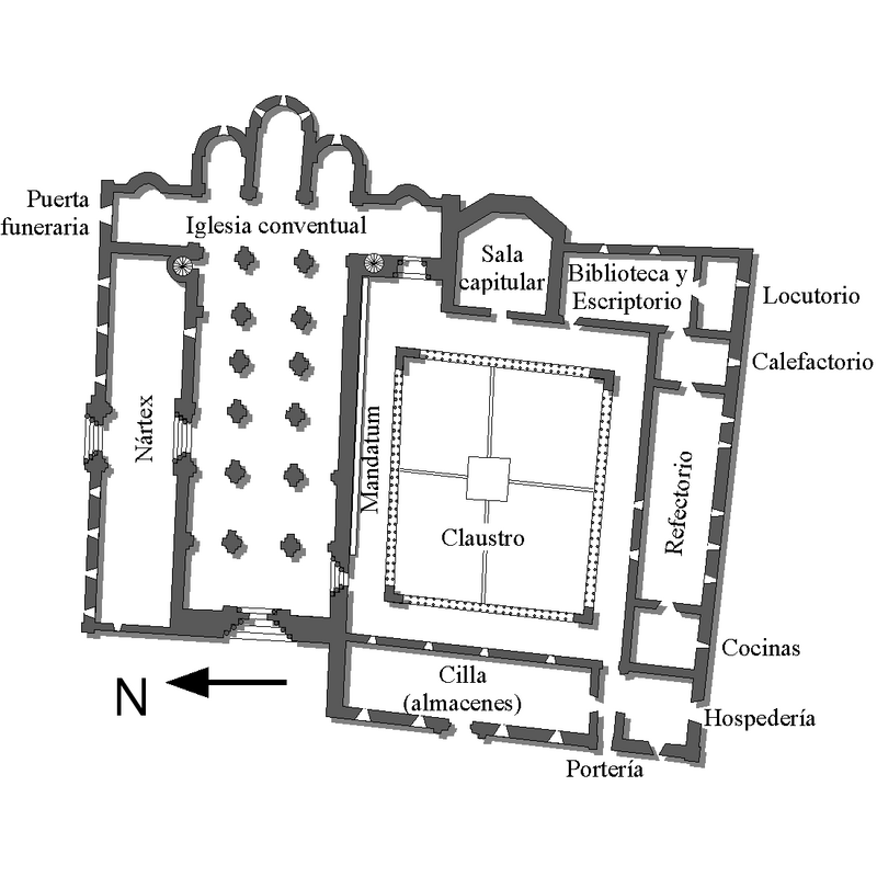 Source caption: "Planta del primitivo monasterio de Santo domingo de silos, tal como sería en el siglo XII. Actualmente la iglesia románica ha desaparecido, sustituida por otra más modernas, así como otras estancias que rodean el claustro"