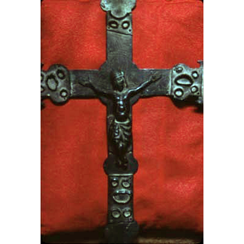 said to be 12th or 13thC, a processional cross made of copper (?) decorated with stones