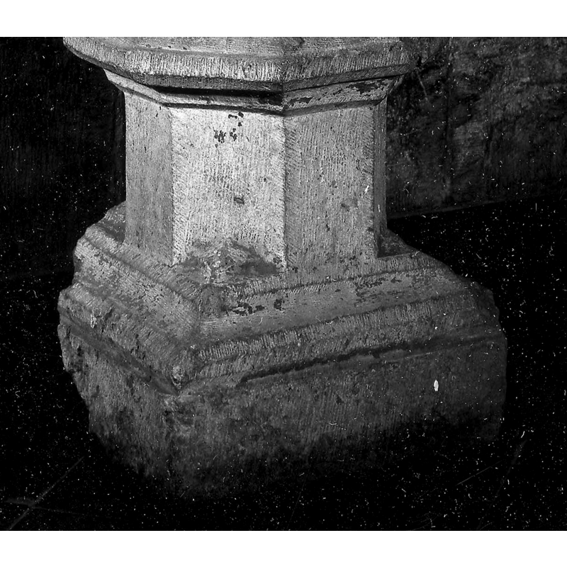 the lower half of the 16thC (?) composite (?) font; this part does not match with the upper half [not shown here] and was probably a later addition to replace an earlier lower base and/or plinth