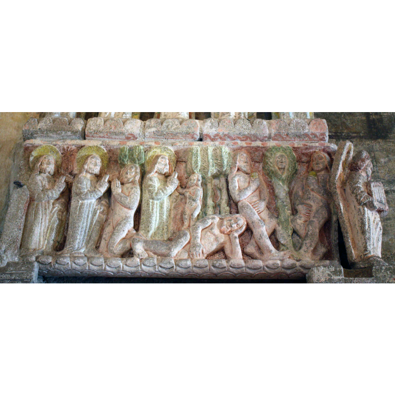 Source caption: "Baldaquino en San Xulián de Ventosa (Agolada, Pontevedra), representando a creación de Adan e Eva, e mailo Pecado Orixinal".