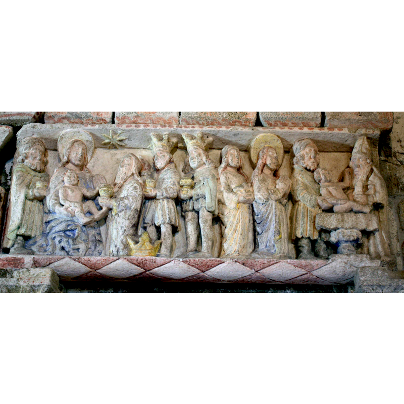 Source caption: "Baldaquino en San Xulián de Ventosa (Agolada, Pontevedra), representando a adoración dos Reis e a Circuncisión". -- notice the officiating priest at the extreme right, wearing a bishop's mitre and holding a large broad knife -- Joseph is not haloed in either scene