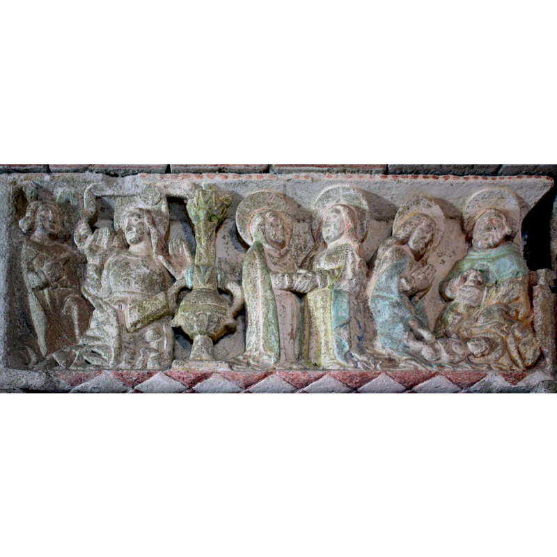 Source caption: "Baldaquino en San Xulián de Ventosa (Agolada, Pontevedra), representando a Anunciación e o Nacemento de Xesús". [and the Visitation in between] -- Joseph is haloed in this scene; Gabriel is not.