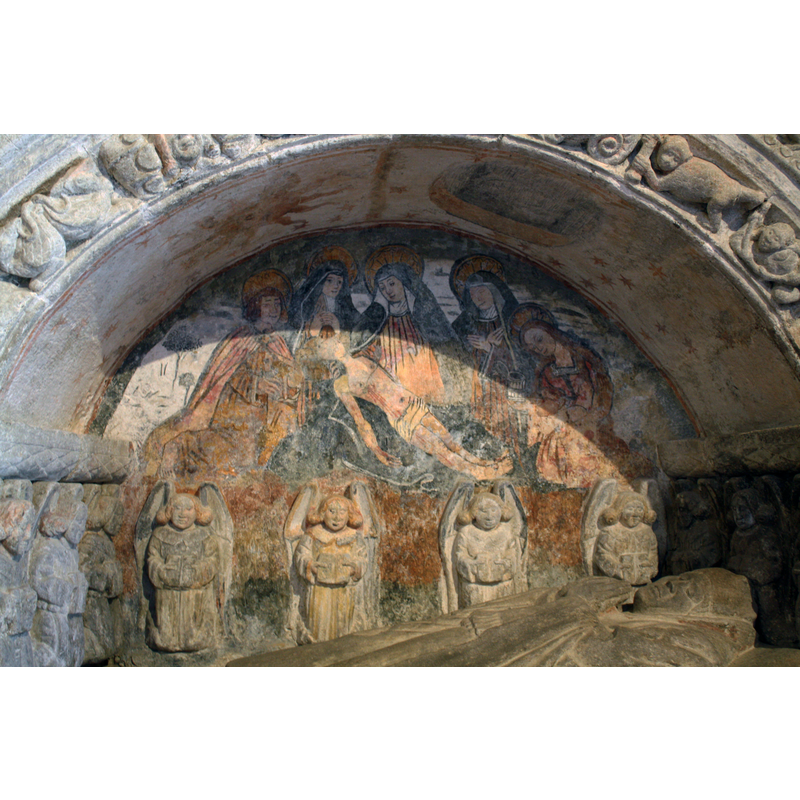 Source caption: "Descendemento de Cristo, no sepulcro do abade Lope de Ventosa, na igrexa de San Xulián de Ventosa (Agolada, Pontevedra), descuberto trala restauración de 2003."