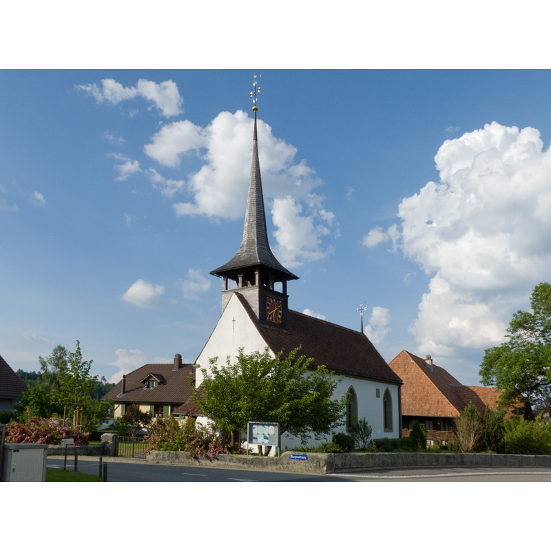 Source caption: "Ref. Kirche Moosseedorf,1520. Erstmals erwähnt 1242. Südwestansicht"