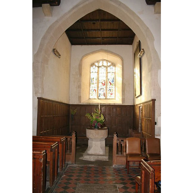 Source caption: "This used to be the vestry but became the Baptistry in 1915. There are also holes in the wooden ceiling for the bell ropes."