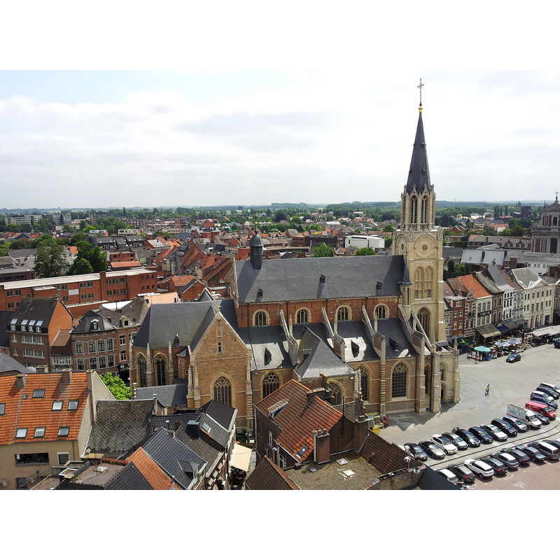 Source caption: "View towards the Southeast from the tower of the demolished church of the former Benedictine abbey in Sint-Truiden, Belgium. In the centre the church of Our Lady and part of the Grote Markt, the main square in Sint-Truiden."