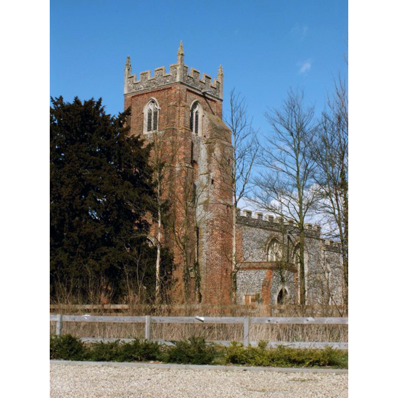 Source caption: "St. Mary's church, Chilton, Suffolk. The brick tower was built in the 16th century and the rest of the church, in the 15th. A few years ago this church stood all alone at the end of a small lane and with no village. Now, it has an industrial estate at its doorstep and it's gradually being swallowed up by the ever increasing town of Sudbury."