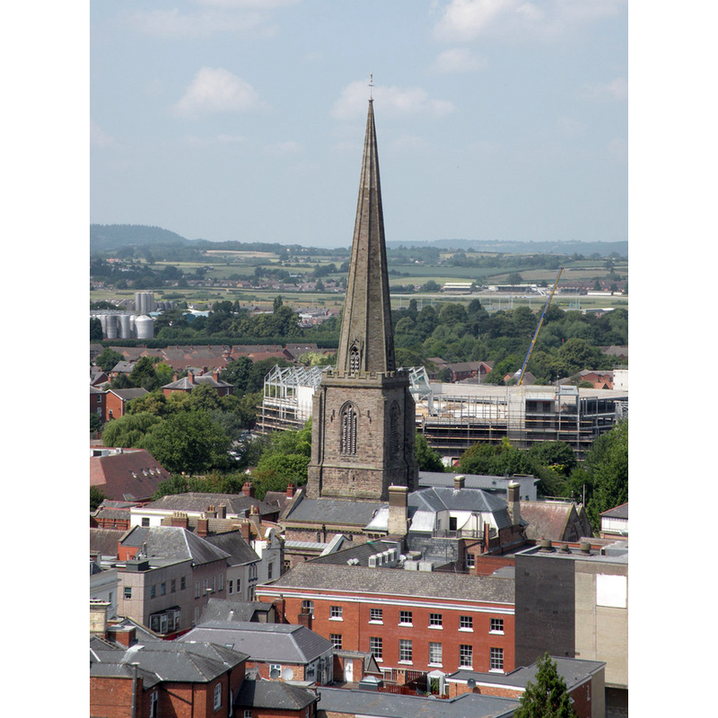 Source caption: "View from Hereford Cathedral Tower 4 - NNW. The spire of All Saints Church, with the cattle market redevelopment behind. The church is 14th century, Grade II* listed, ref. 372362."