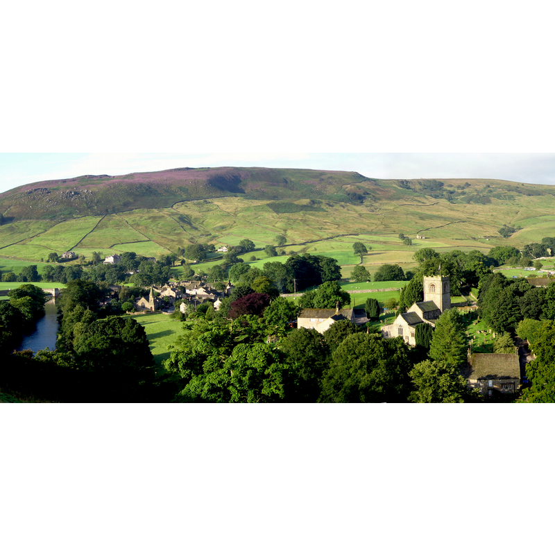 Source caption: "View of Burnsall, Yorkshire from west height, showing Wharfe, bridge, town, chapel, church, Burnsall Fell behind--late summer."
