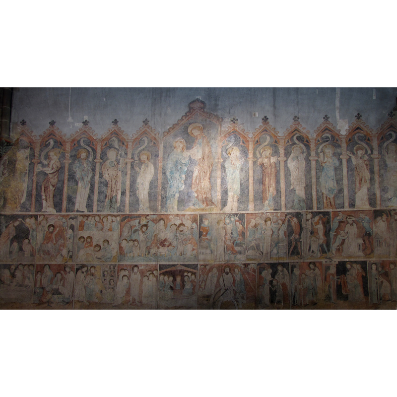 Source caption: "Eglise abbatiale Saints-Pierre-et-Paul, Fresque gothique "Apôtres, Vie et Passion du Christ, Œuvres de Miséricorde" (XIVe)"