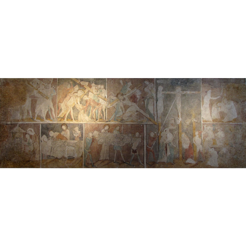 Source caption: "Eglise abbatiale Saints-Pierre-et-Paul, Fresque gothique "Vie et Passion du Christ, Œuvres de Miséricorde" (XIVe), partie du mur ouest du transept"