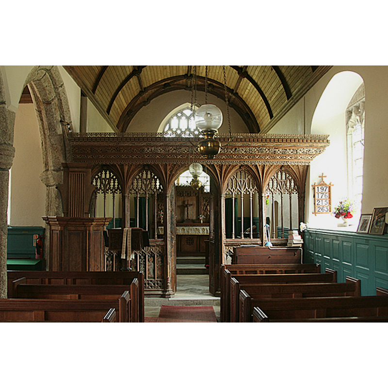Source caption: "Buckland in the Moor: St Peter's - the rood screen. Hoskins refers to the 'rich rood screen' in St Peter's church. It probably dates from the early 16th century, after the extensive rebuilding of the building. The pulpit dates from the 18th century [Source: W G Hoskins, Devon, Devon Books, 1992]"