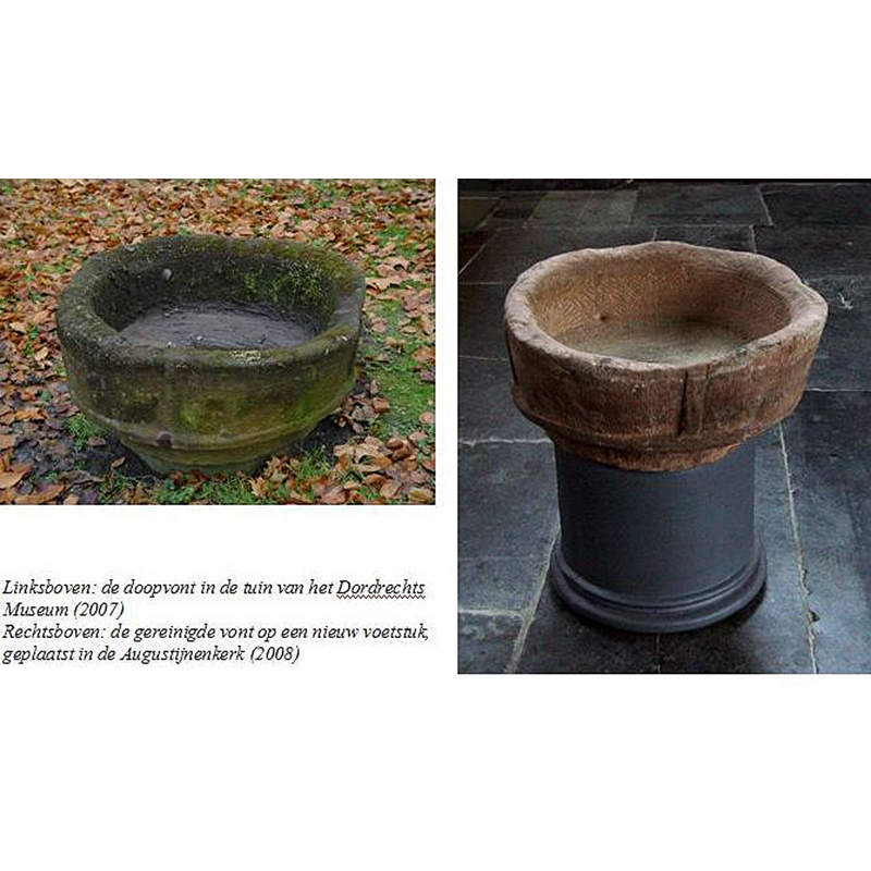 on the left, the fragment of the basin as it was displayed in 2007 at the Dordrechts Museum -- on the right, the cleaned-up fragment on display in the Augustijnenkerk in 2008