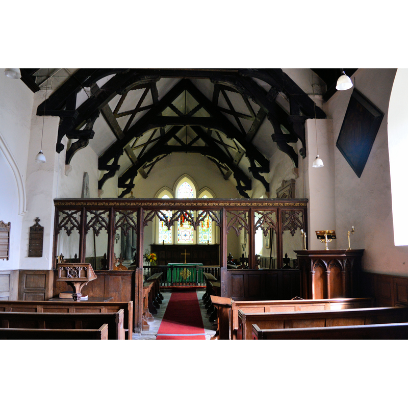 Source caption: "St Margaret, Acton Scott. The chancel, with a notable 17th century roof."