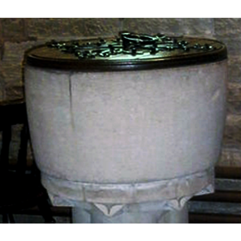 below the indentation around the lower side of the basin; it is probably part of the restoration of the font, rather than original [cf. FontNotes]