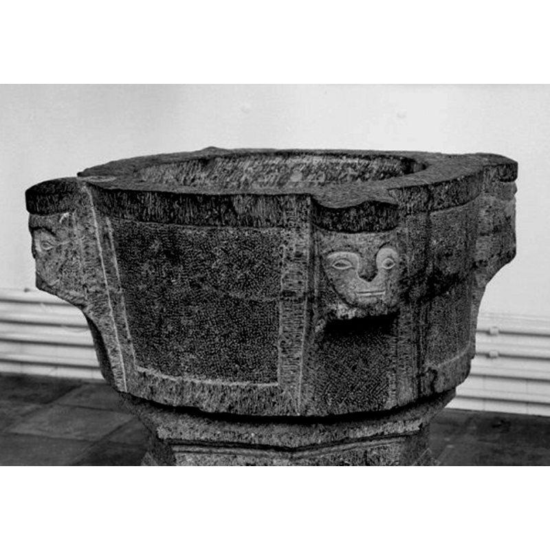 the framed panels on the sides suggest a late-12th century dating for the basin --  -- the photograph shows the basin in 1982, after restoration