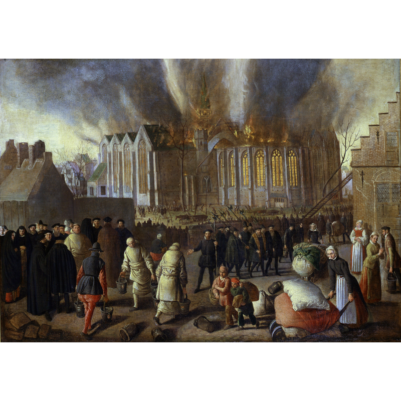 Source caption: "Nieuwkerk at Dordrecht on fire in 1568 " -- the church was re-built in 1592