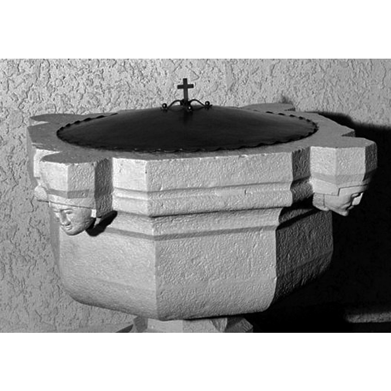 photographed in 1965; the metal staples had been removed from the upper rim, the font has been re-tooled (?) and whitewashed, and a new cover has been added