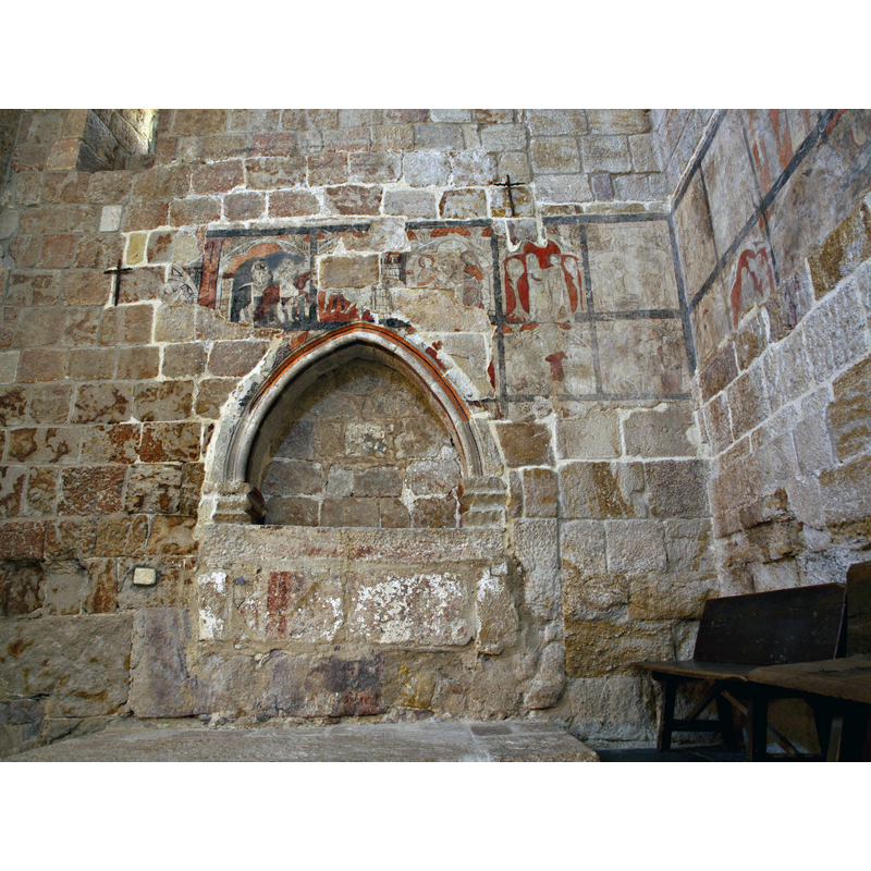 remains of mural paintings on the inner walls of the church; still visible are partial scenes of the Childhood of Christ cycle: Flight to Egypt, Visitation, Annunciation, etc.
