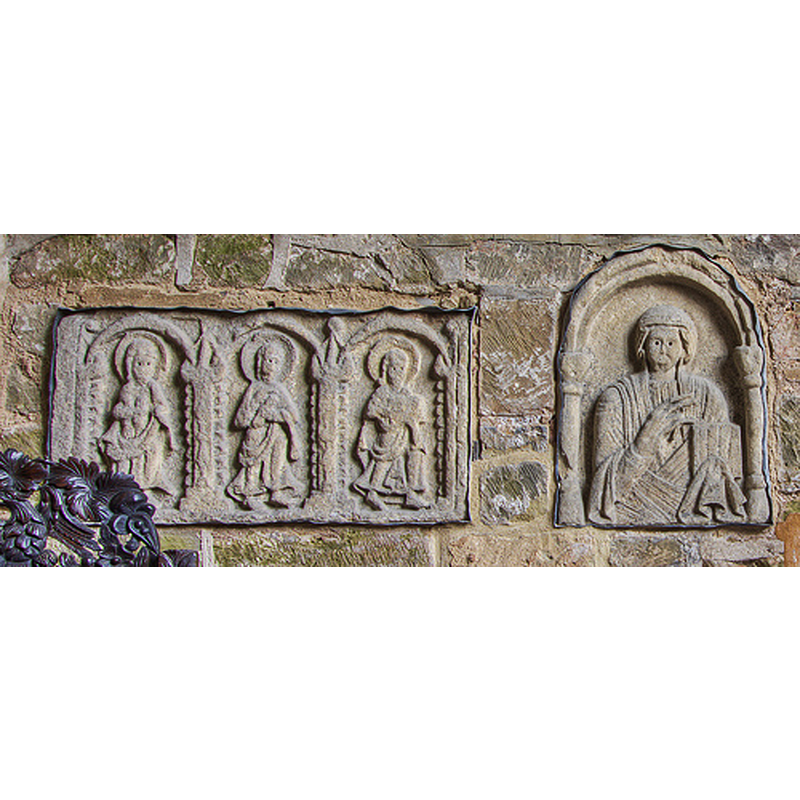Source caption: "Saxon carvings from the Lady Chapel [...] and south aisle [...] They originally were on the inside and outside walls of the previous Saxon Minster church."