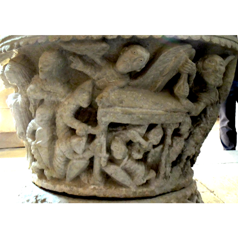 Tomb of Christ with Soldiers and Angels; the figure on the left is one of the Three Maries from the previous scene; the figure on the right, a censing angel, is bearded