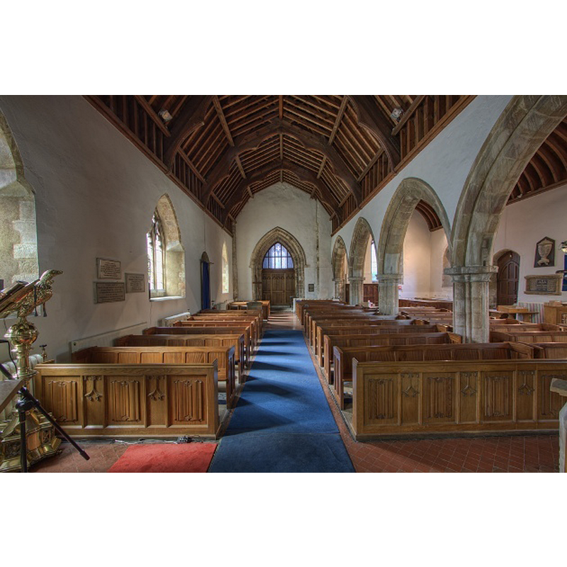 the top of the modern font is partially visible towards the back [west], in the left [south] bank of benches [cf. FontNotes]