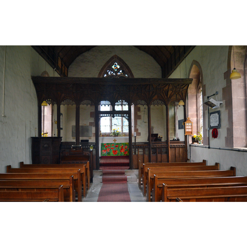 Source caption: "St John the Baptist, Hughley. The interior, showing the very fine screen - the best in Shropshire. It dates from around 1500 and is from the same workshop as that at Aymestrey in North Herefordshire."