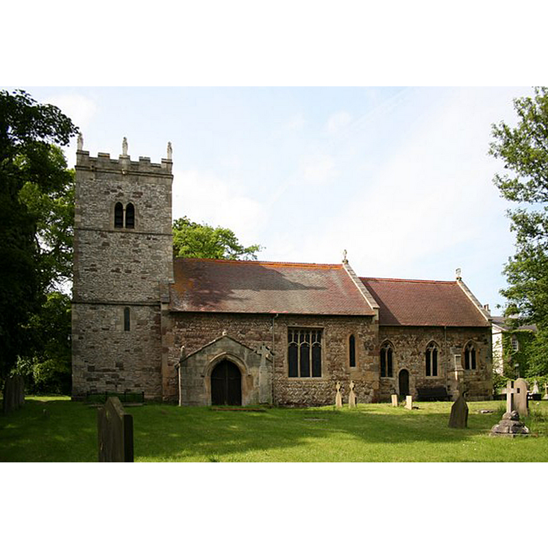 Source caption: "St.Helen's church, Burghwallis. Lots of Norman herringbone masonry in the tower and nave, much of the rest 13th century Early English"