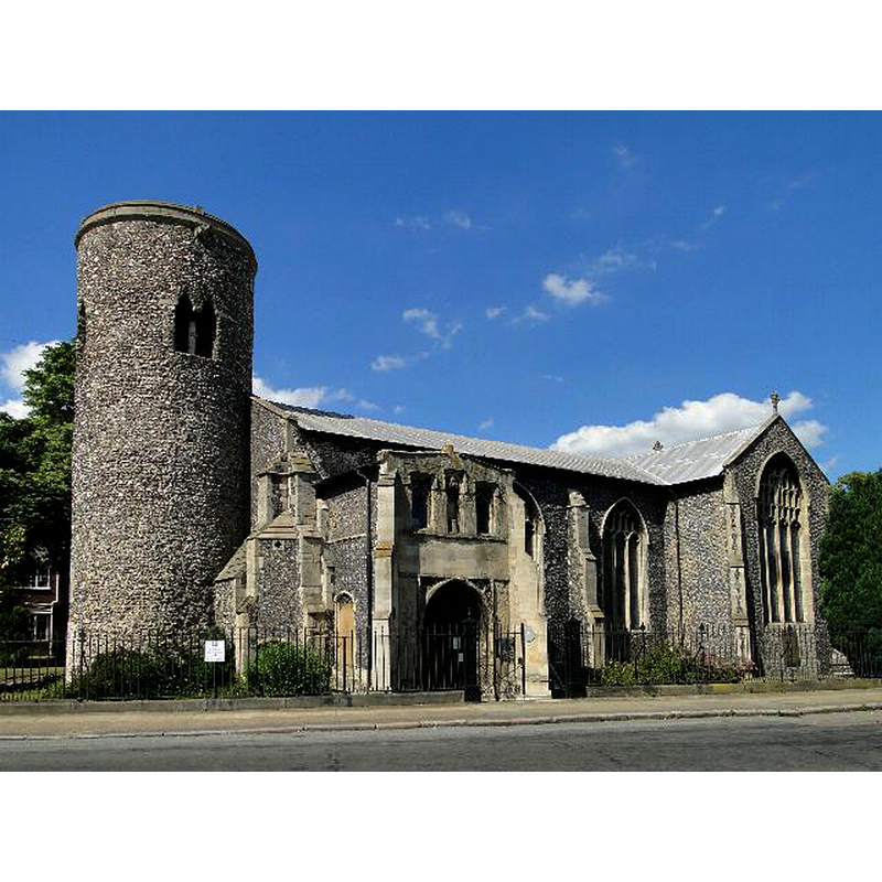 Source caption: "St Mary Coslaney, Norwich. Here is the oldest tower of any of the Norwich churches dating from before the Conquest. The double triangular-headed windows with a central column are reminiscent of the period. The Saxon church was demolished and the one we see today erected but the tower was preserved."