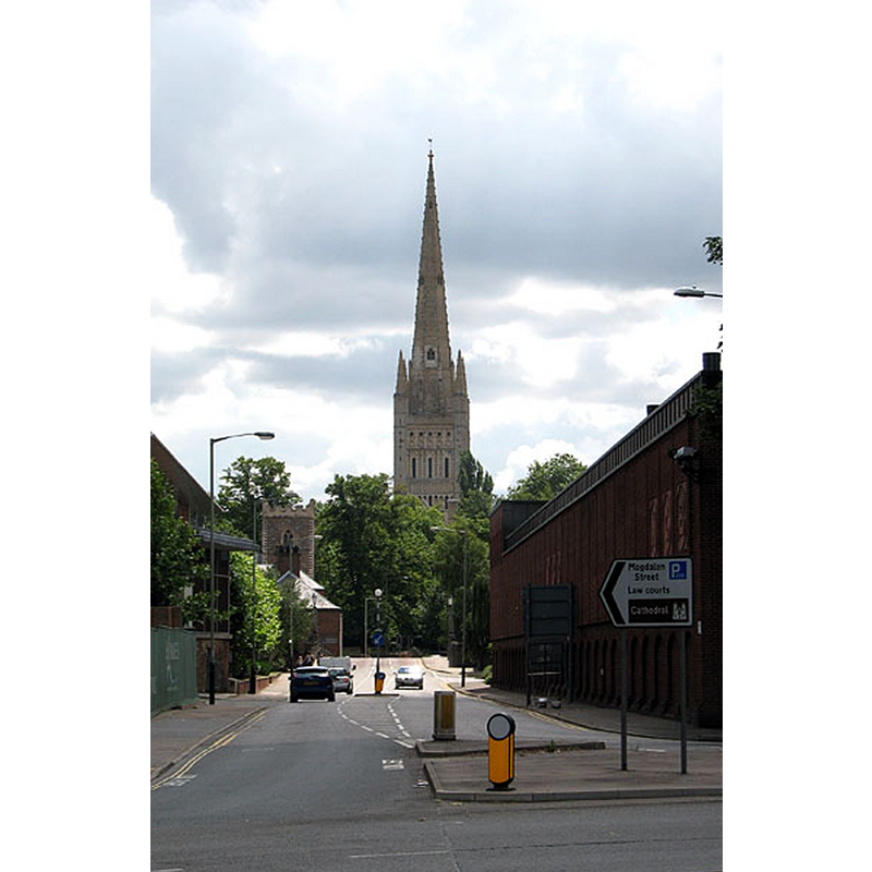 Source caption: "View south along Whitefriars. The tower of St Martin at Palace church can be seen in the background (at left), dwarfed by the high tower and steeple of Norwich Anglican Cathedral."