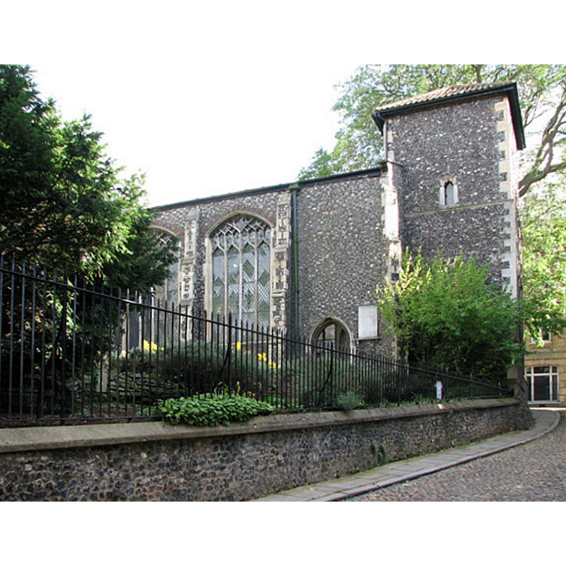 Source caption: "St Peter Hungate as we see it today dates mainly from the 15th century. [...] The building was used as a museum of church art from the mid-1930s until 1995. It came under the care of the Norwich Historic Churches Trust in 2008, the same year in which Hungate Medieval Art was formed, which still occupies the building today. [...] The church retains its original baptismal font."