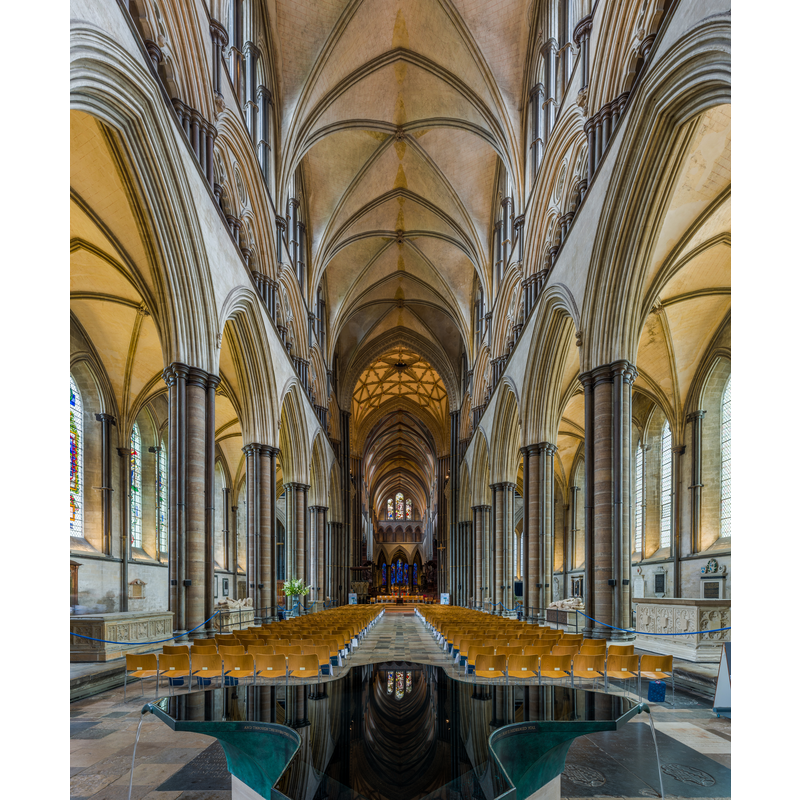 Source caption: "The nave of Salisbury Cathedral in Wiltshire, England, looking east from the font."
