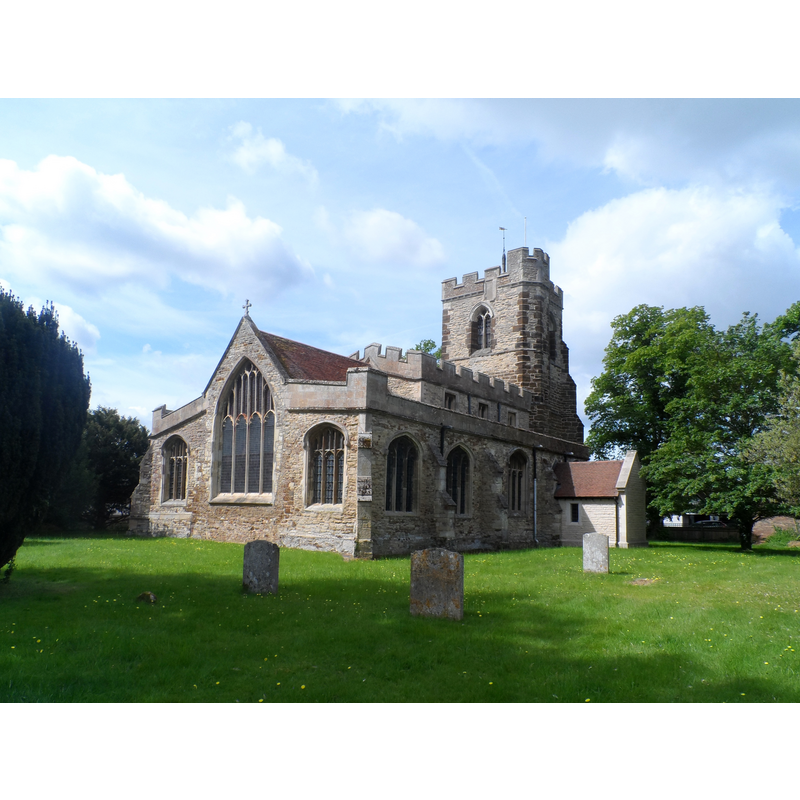 Source caption: "All Saints' church, Cople. Built around 1430 originally. Work continued into the next century and the south porch added 200 years later. The north porch shown here is obviously very recent."