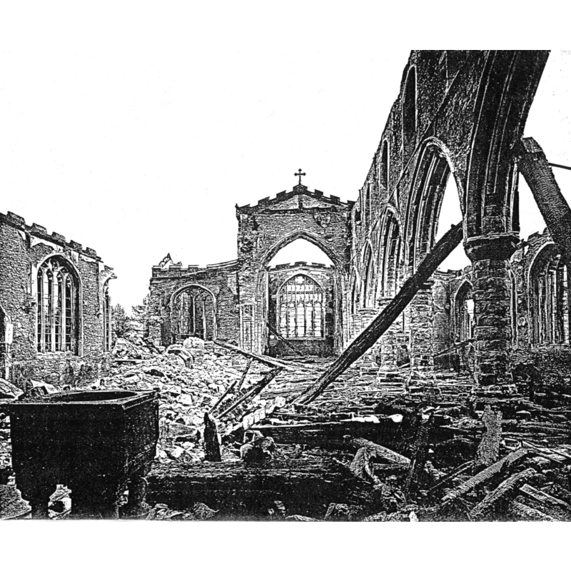 photograph of the interior of the church after the 1930 fire; the old font is visible in the foreground, left side