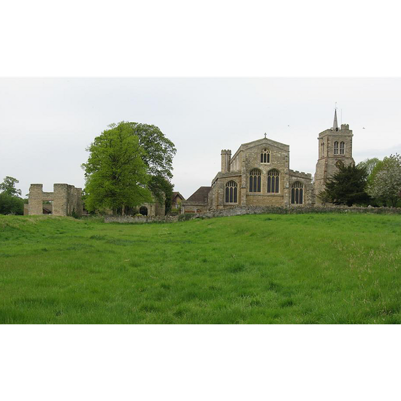 Source caption: "Elstow Abbey and Hillersden Mansion. As seen across the field from Wilstead Road." [NB: the distance between the tower, sen here on the right, and the body of the church is actually about 70ft."