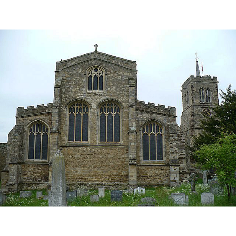 Source caption: "St Mary & Helena Parish Church, Elstow. The nave is part of the original Elstow Abbey and was extensively restored in 1880. The detached belfry, or 'steeple house, contains six bells. It dates back to the 13th century, although the upper section seen today, is a later 15th or 16th century construction. John Bunyan was a bell-ringer here" [and was baptised in its font]"