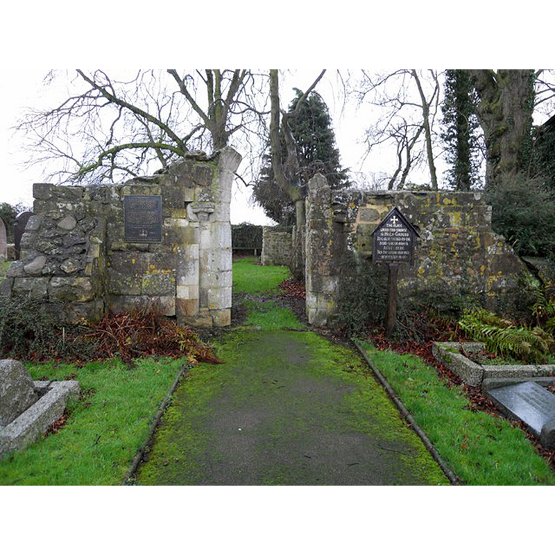 Source caption: "Knaptoft-Ruined Church. The Church of Saint Nicholas is now roofless but still contains headstones and the stone font. It is thought to have been sacked and destroyed by Oliver Cromwell's Roundhead forces after the Battle of Naseby in June 1645 whilst in pursuit of the fleeing defeated Royalist army. Certainly a skirmish occurred here, confirmed by archaeological finds. [...] Church services are still held at the church at 3pm on the third Sunday of June, July, August & September."