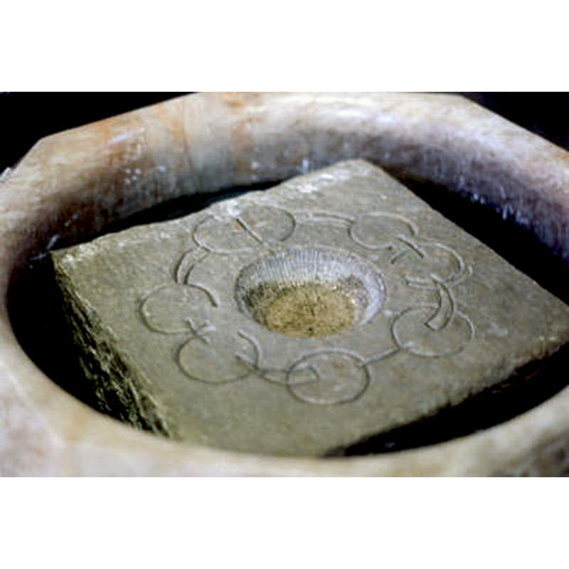 basin interior of the 19thC alabaster font; now in the Wesley Chapel, London