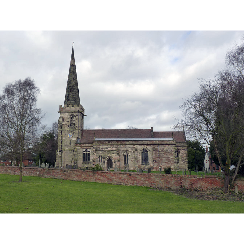 Source caption: "Church of St Mary, Rolleston. View from the south. The oldest parts of the church date from the 12th century and show Norman features. Unusually, the aisles do not run forward to the west end of the nave. Also unusual are the offset bell-chamber opening on the west and south faces of the tower, to accommodate the tower staircase. The spire was not added until 1892. Listed Grade I."