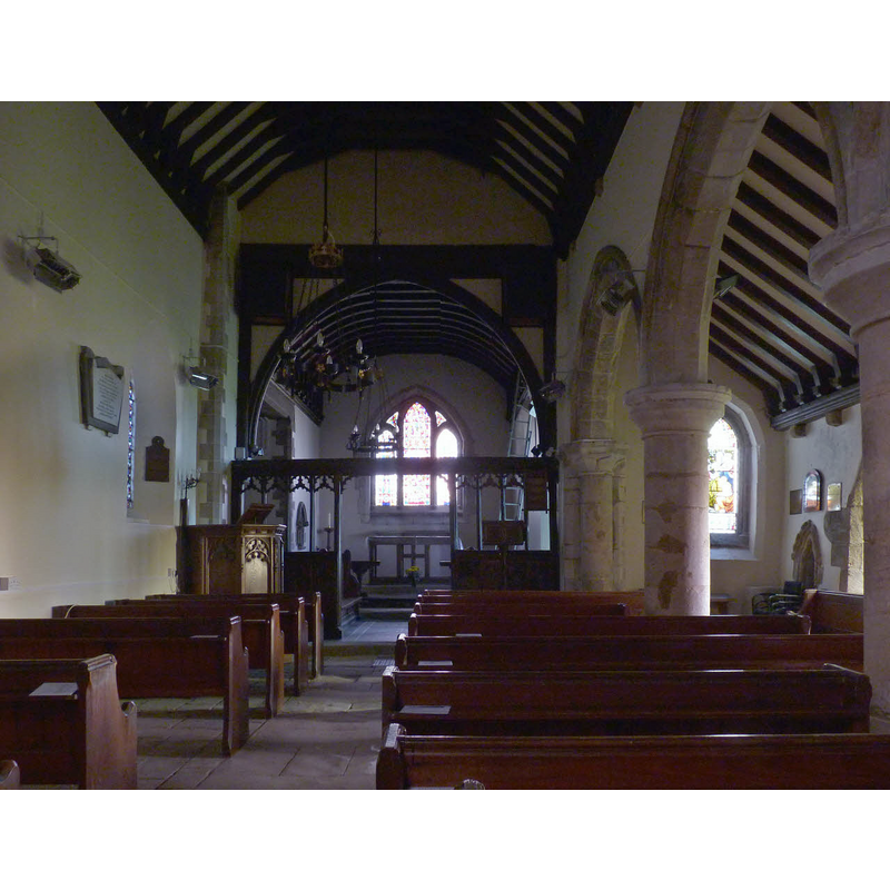 Source caption: "The nave, St Mary's Church, Shelton. The arcade to the south aisle is 13th century. The rood screen is heavily restored but retains some 15th century material."