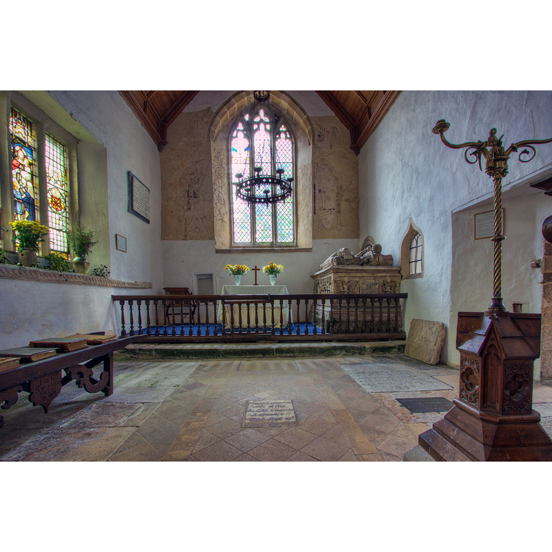 Source caption: "East window and chancel area – the medival paintings are either side of the window"
