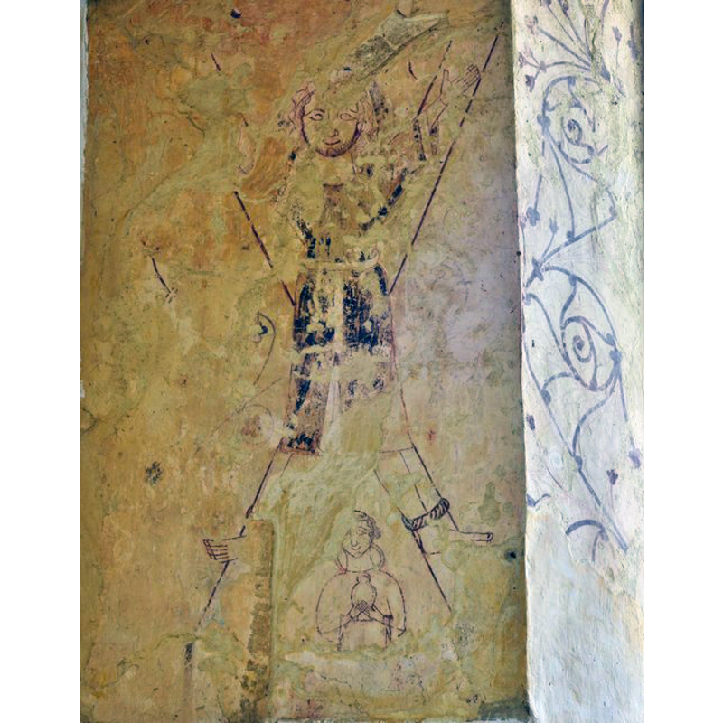 "Stoke Dry: St. Andrew's Church: The Chancel. A medieval wall painting depicting the crucified St Andrew to whom the church is dedicated; below him is a lady who seems to be awaiting his embalming."