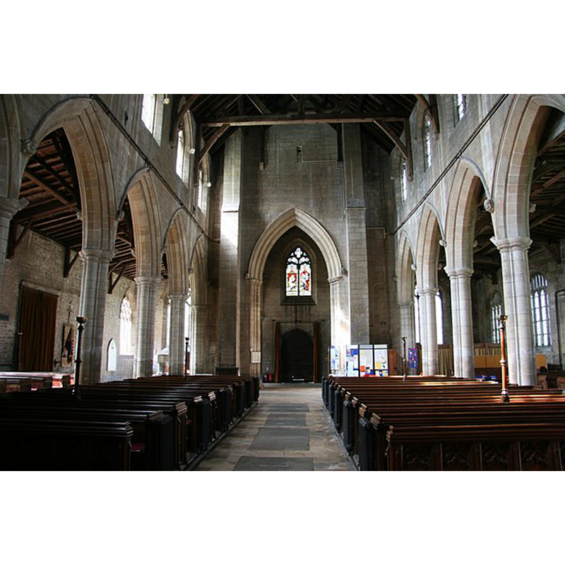 Source caption: "St.Mary's nave. Looking west with 14th century arcades and tower arch."