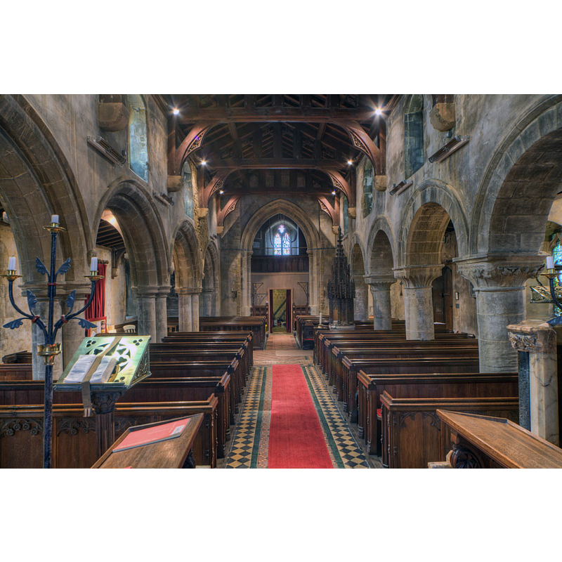 the towering font cover is visible in the nave, rising between the benches of the right bank, towards the back; this late-19thC cover replaced an also tall late-18thC cover; the font, just partly visible here, is 12thC