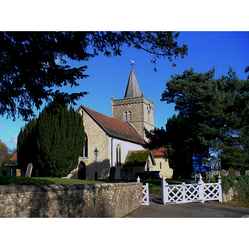 Source caption: "All Saints Church, Witley. Cruciform Norman church built on the site of a Saxon church. It contains relics from the time of the Duke of Clarence, Edward IV's brother - the Clarence reported to have been drowned in a butt of Malmsey wine."