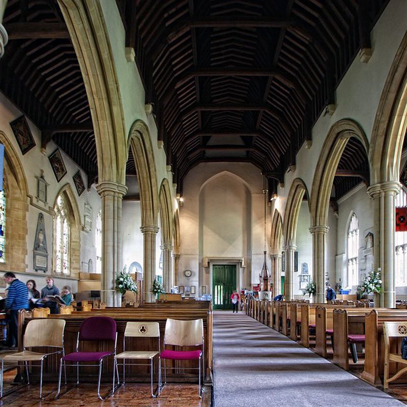the modern font and cover are visible at the far [west] end, by the right [north] arcade
