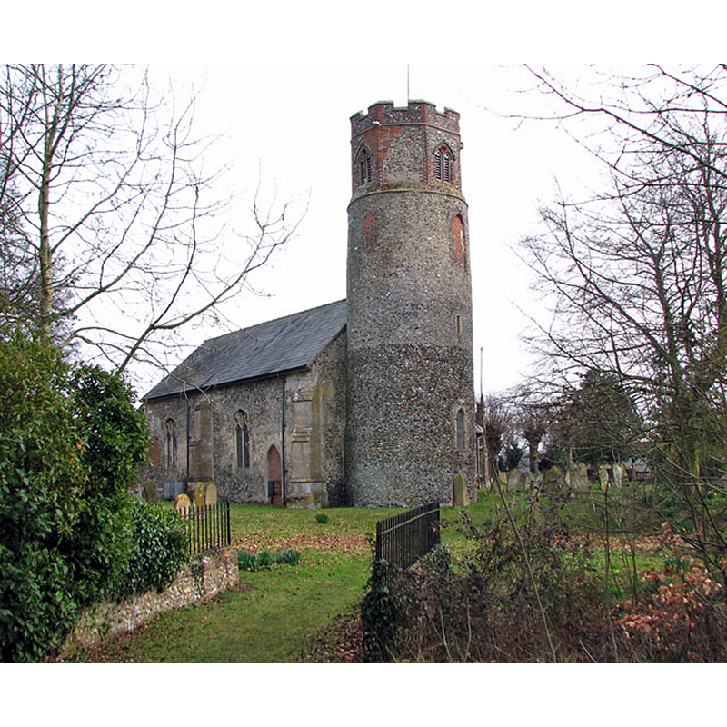 Source caption: "The church of St Peter in Needham. Only the round tower remains of the original St Peter's church that stood here in Norman times, chancel and nave were built in the 15th century and the chancel was entirely rebuilt by William Freston in 1735".
